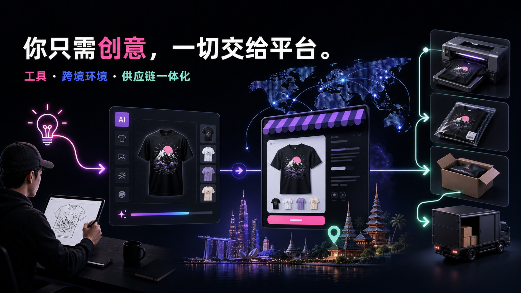 Workflow from uploading a creative image to generating product visuals, listing content, and a TikTok Shop draft